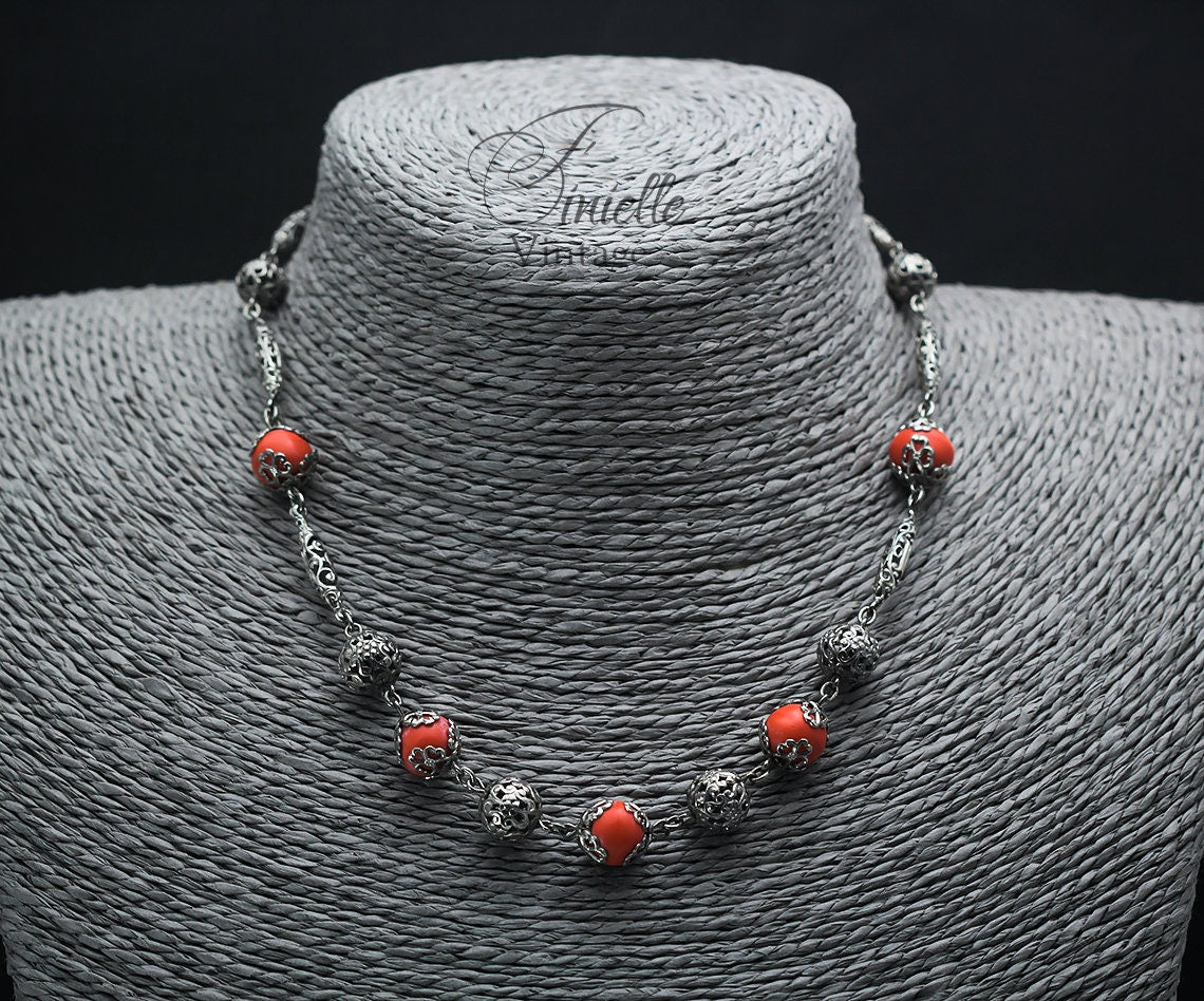 Vintage Art Deco 1930s, Antique Czech Bohemian Orange Coral Glass Beaded Filigree Necklace, Silver Plated, Unique Gift Jewelry Jewellery