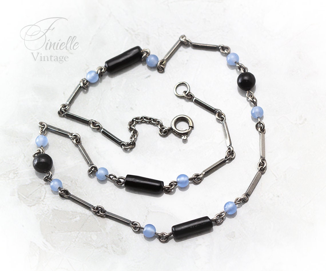 Vintage Art Deco Czech 1920-1930s Necklace, faux Blue & Black Onyx, Bohemian Glass Beads, Silver Plated, Unique Jewelry Jewellery