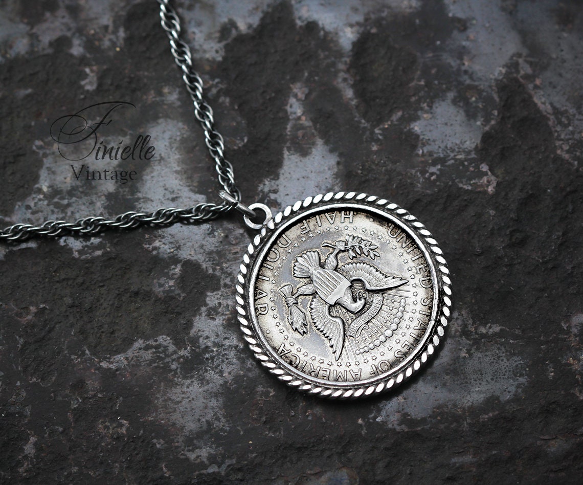 Vintage Silver 1967 Kennedy Half Dollar Pendant Necklace, Sterlig Silver Chain, Unique Gift for Him, Jewelry, Jewellery