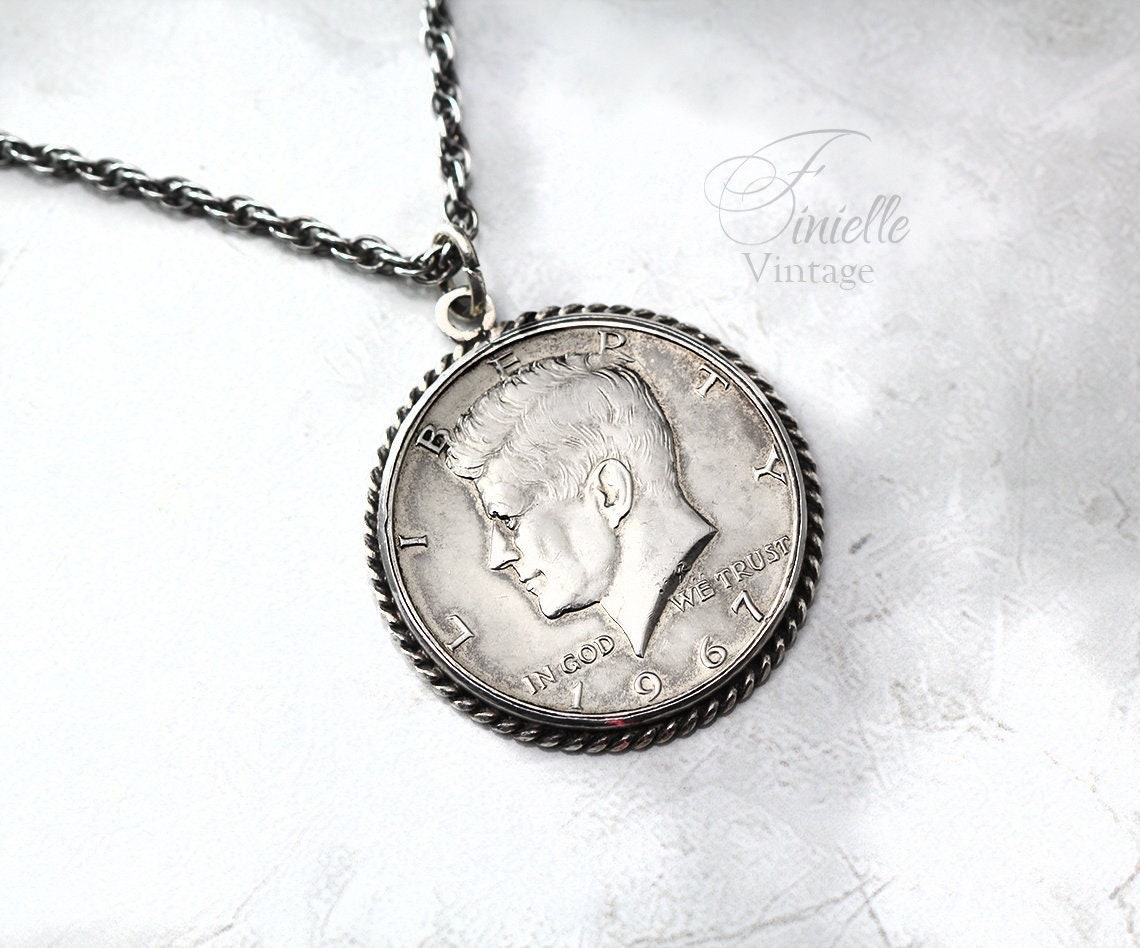 Vintage Silver 1967 Kennedy Half Dollar Pendant Necklace, Sterlig Silver Chain, Unique Gift for Him, Jewelry, Jewellery