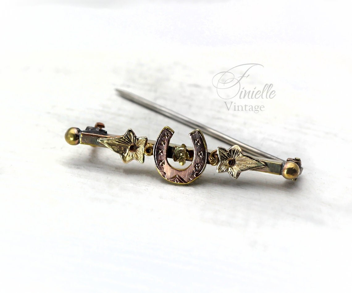 Victorian 1837-1901 Floral Lucky Horse Shoe Bar Brooch, Sterling Silver and 9ct Gold, Unique Antique Vintage Jewelry Jewellery