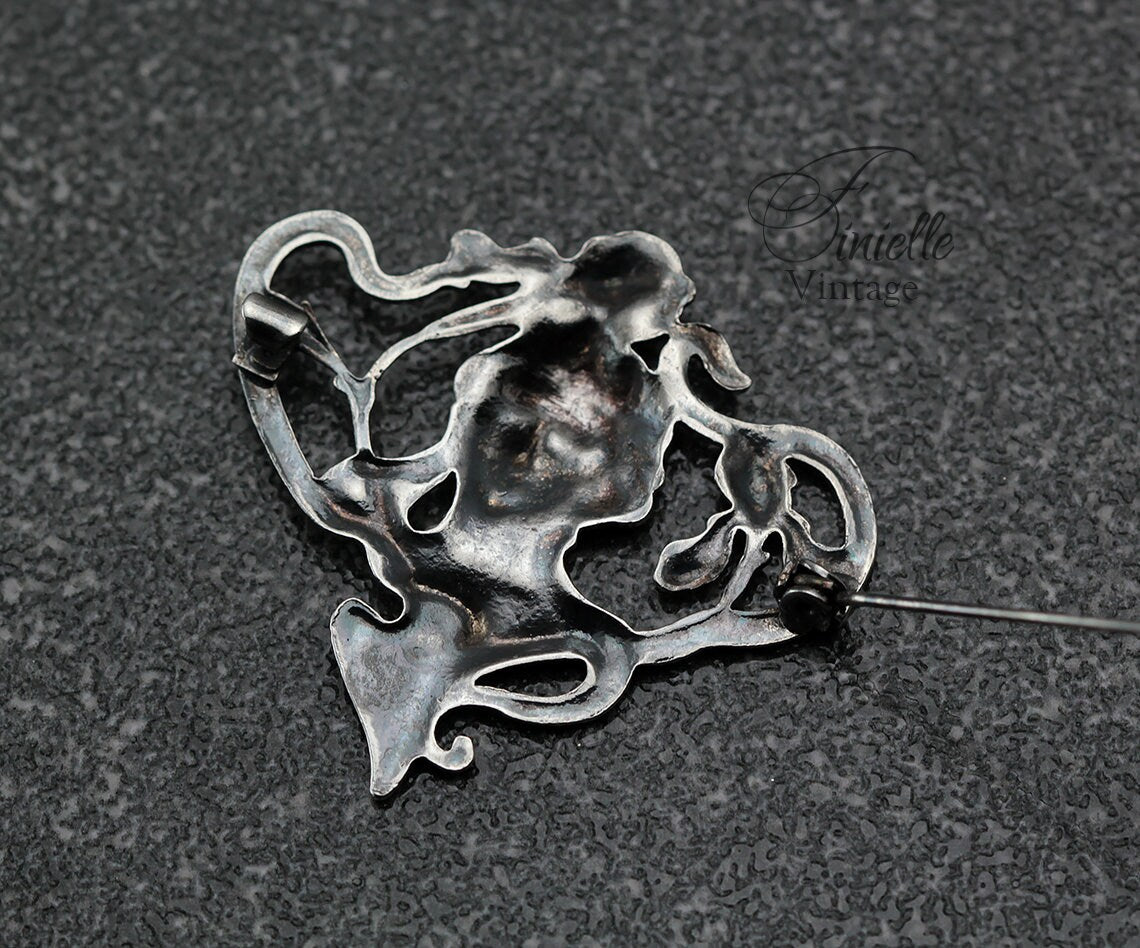 Vintage 1980s Silver Plated Art Nouveau Style Brooch, Aesthetic Lady Head, Romantic Pin, Unique Gift Vintage Jewelry Jewellery