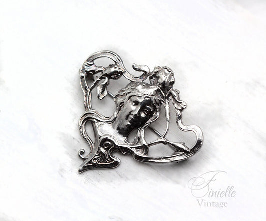 Vintage 1980s Silver Plated Art Nouveau Style Brooch, Aesthetic Lady Head, Romantic Pin, Unique Gift Vintage Jewelry Jewellery