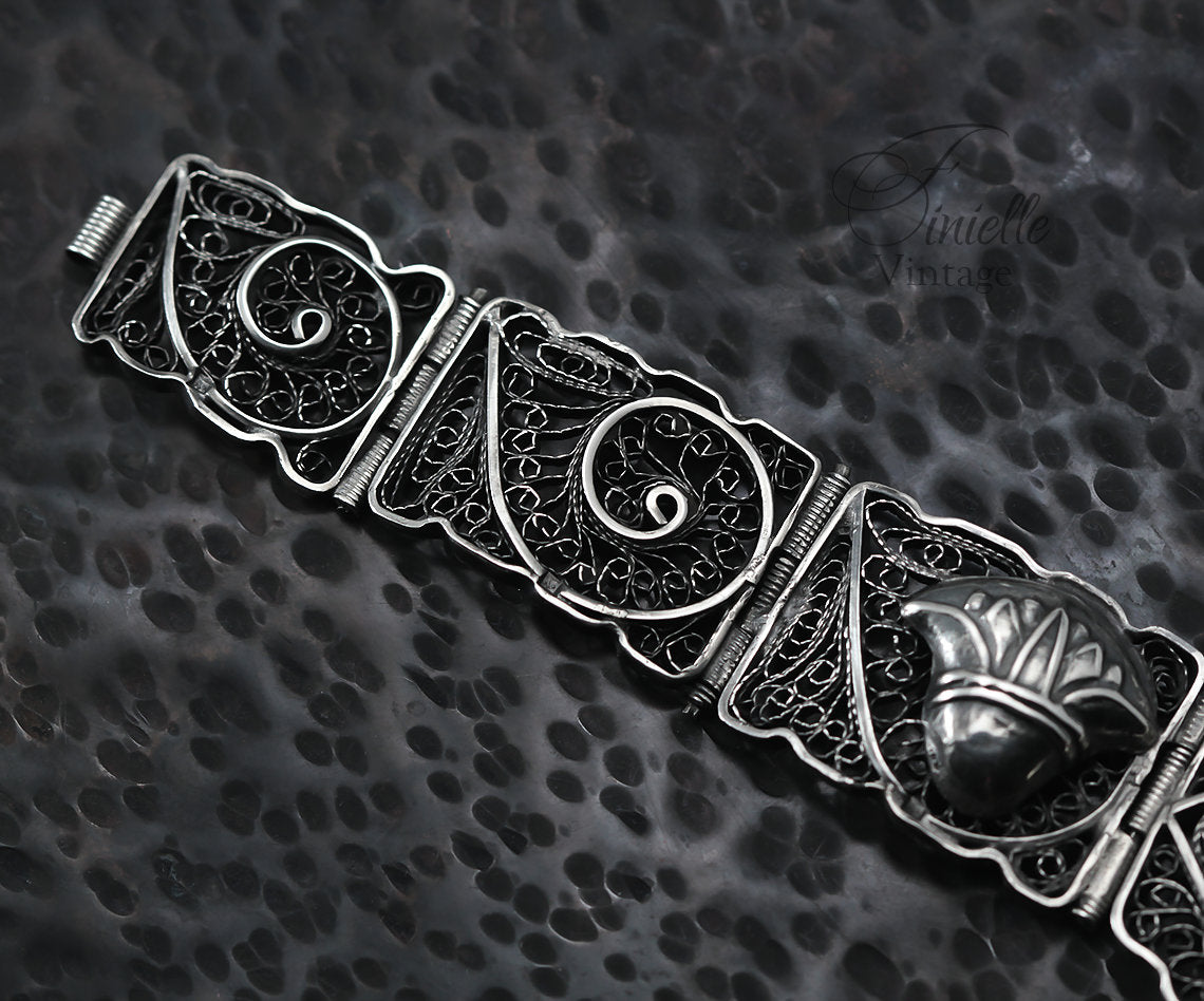 RARE Original Egyptian, Vintage 1930s Panel Filigree Bracelet, Silver .800 Hallmark Alexandria, Unique Gift Antique Jewelry Jewellery