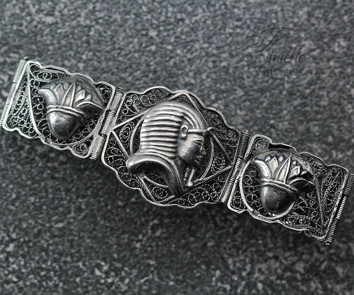 RARE Original Egyptian, Vintage 1930s Panel Filigree Bracelet, Silver .800 Hallmark Alexandria, Unique Gift Antique Jewelry Jewellery