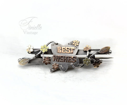 Sterling Silver, Rose and Yellow 9ct Gold, Victorian 1899 Brooch | Hallmarked S.Bros Birmingham, Floral, Best Wishes, Unique Antique Jewelry
