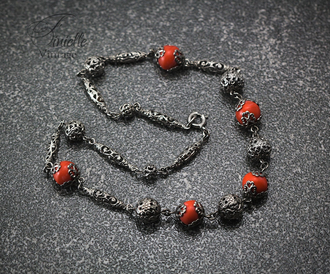 Vintage Art Deco 1930s, Antique Czech Bohemian Orange Coral Glass Beaded Filigree Necklace, Silver Plated, Unique Gift Jewelry Jewellery