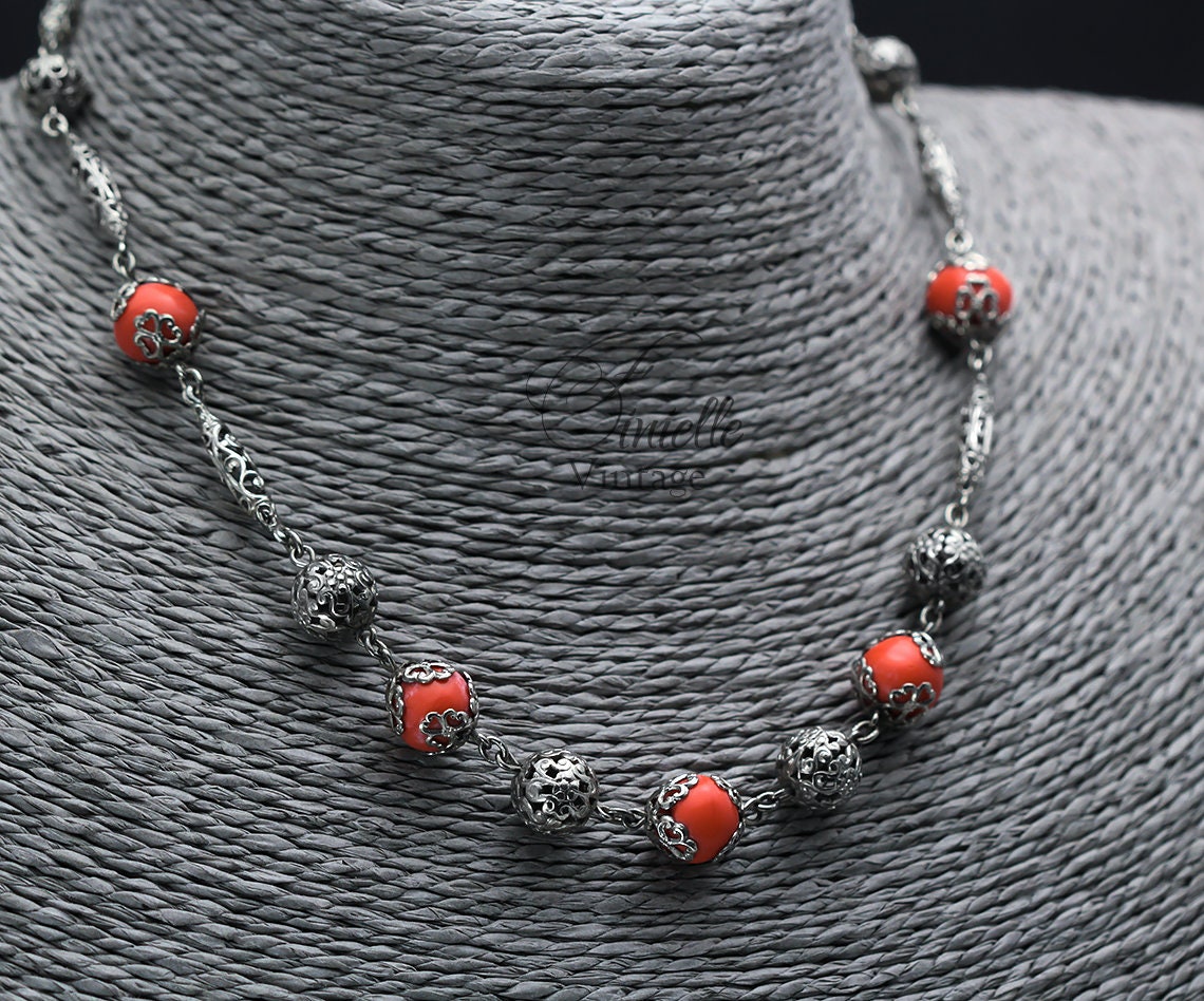 Vintage Art Deco 1930s, Antique Czech Bohemian Orange Coral Glass Beaded Filigree Necklace, Silver Plated, Unique Gift Jewelry Jewellery