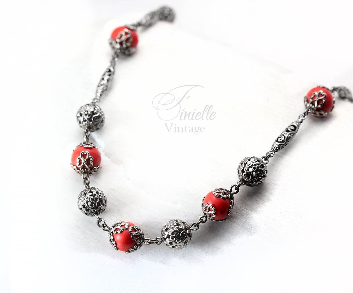 Vintage Art Deco 1930s, Antique Czech Bohemian Orange Coral Glass Beaded Filigree Necklace, Silver Plated, Unique Gift Jewelry Jewellery