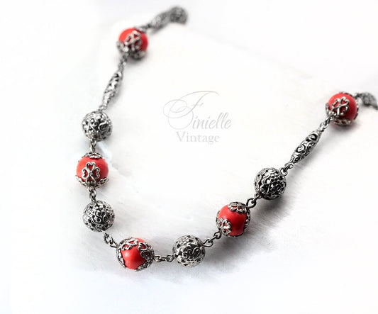 Vintage Art Deco 1930s, Antique Czech Bohemian Orange Coral Glass Beaded Filigree Necklace, Silver Plated, Unique Gift Jewelry Jewellery