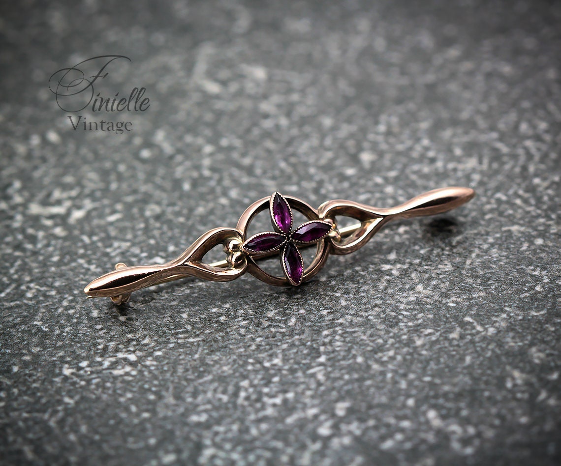 Antique Circa 1910 Edwardian Rose Gold Plated Brooch, Amethyst Purple Rhinestones, Unique Gift, Antique Jewelry Jewellery