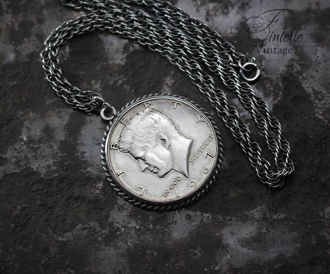 Vintage Silver 1967 Kennedy Half Dollar Pendant Necklace, Sterlig Silver Chain, Unique Gift for Him, Jewelry, Jewellery