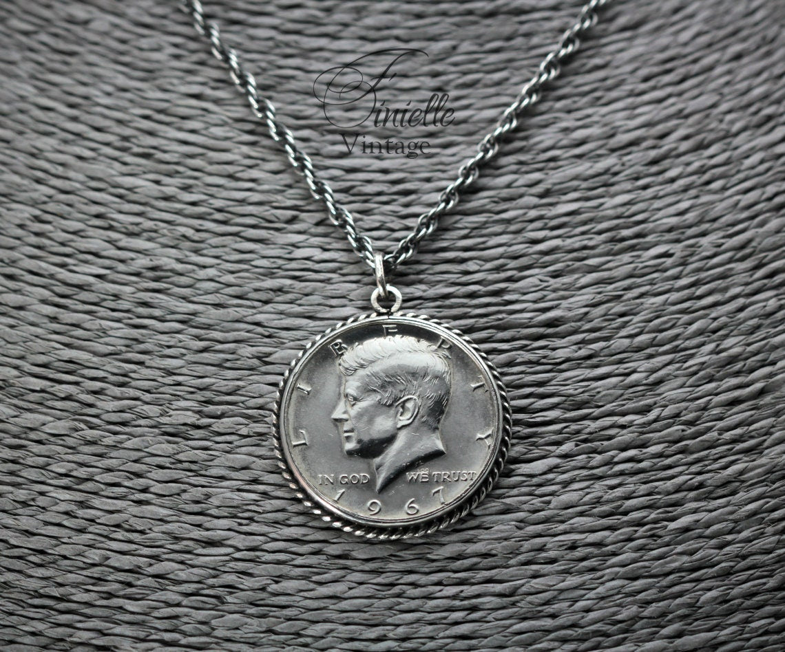 Vintage Silver 1967 Kennedy Half Dollar Pendant Necklace, Sterlig Silver Chain, Unique Gift for Him, Jewelry, Jewellery