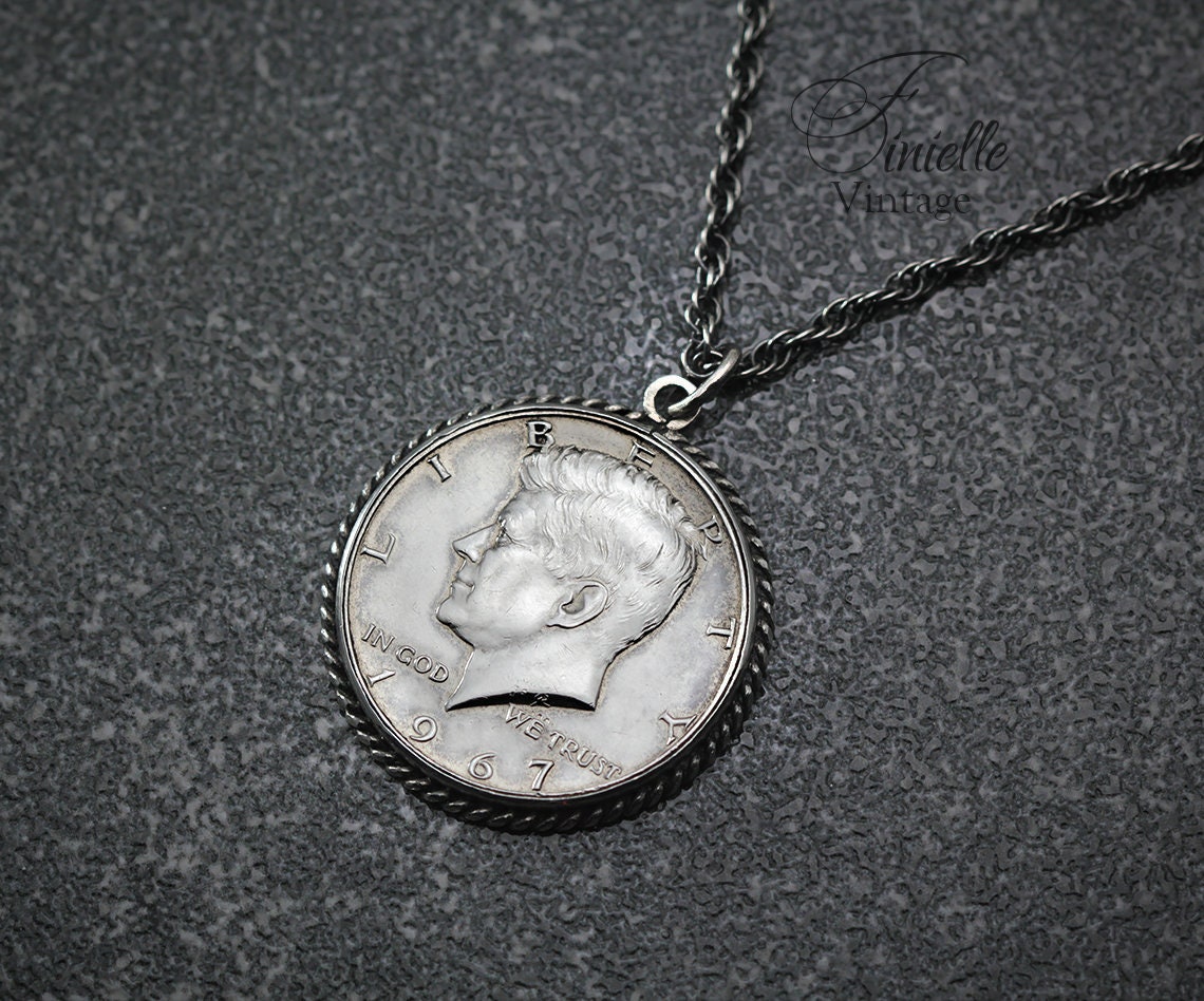 Vintage Silver 1967 Kennedy Half Dollar Pendant Necklace, Sterlig Silver Chain, Unique Gift for Him, Jewelry, Jewellery