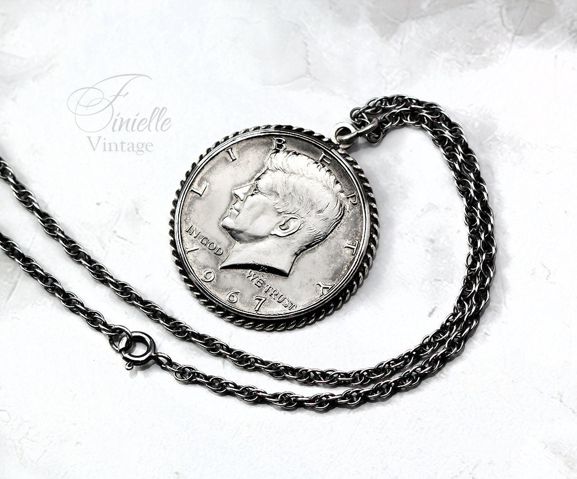 Vintage Silver 1967 Kennedy Half Dollar Pendant Necklace, Sterlig Silver Chain, Unique Gift for Him, Jewelry, Jewellery