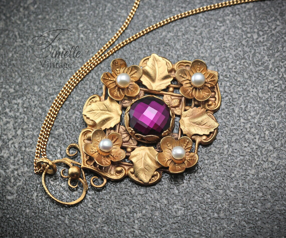 Vintage Antique Art Deco 1915-1930 Floral, Unique Ornate Necklace Pendant, Freshwater Pearls, Rhinestone, Repurposed One, 18Ct Gold Plated