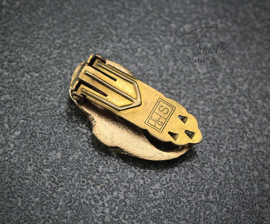 Vintage 1930-1940s Art Nouveau Style Brooch Dress Clip, Heron Bird Wings, Signed EG S, 18k Gold Plated Brass, Unique Gift Vintage Jewelry