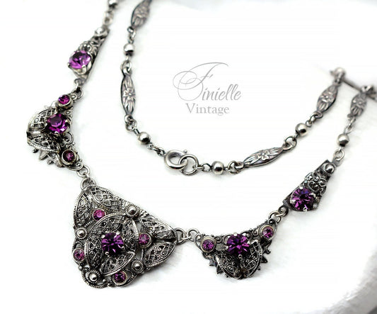 Vintage Art Deco 1920s-30s, Czech Craftsmanship Bohemian Filigree Necklace, Amethyst Crystal Rhinestones, Silver Plated, Unique Jewelry Gift