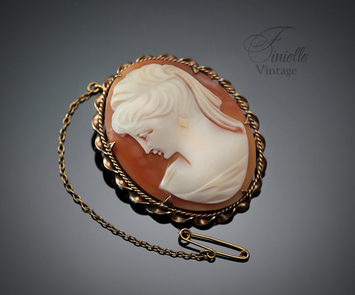 Antique 1880-1900 Victorian Hand Carved Rolled Gold Shell Cameo Brooch Pin, Stamped RG, Safety Chain, Unique Gift Jewelry Jewellery