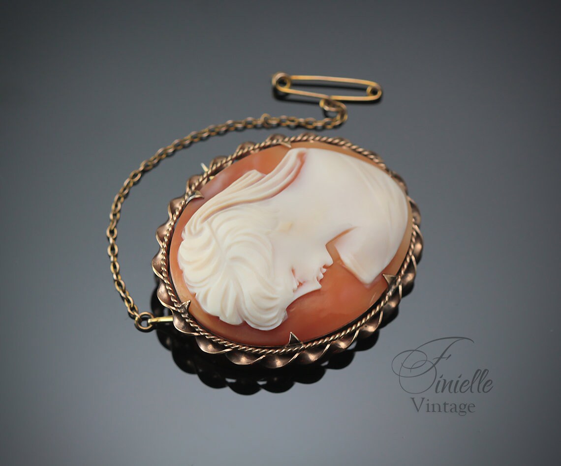 Antique 1880-1900 Victorian Hand Carved Rolled Gold Shell Cameo Brooch Pin, Stamped RG, Safety Chain, Unique Gift Jewelry Jewellery