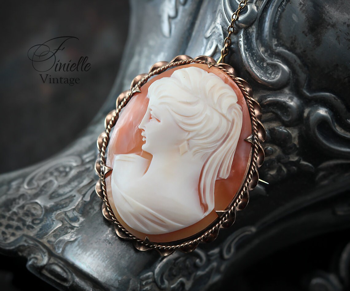 Antique 1880-1900 Victorian Hand Carved Rolled Gold Shell Cameo Brooch Pin, Stamped RG, Safety Chain, Unique Gift Jewelry Jewellery