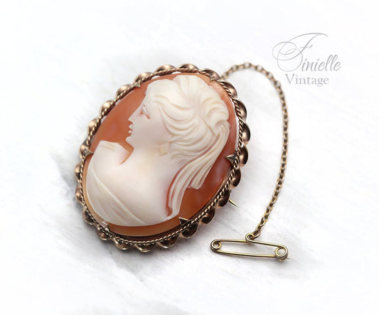 Antique 1880-1900 Victorian Hand Carved Rolled Gold Shell Cameo Brooch Pin, Stamped RG, Safety Chain, Unique Gift Jewelry Jewellery