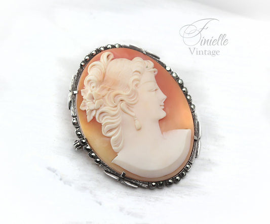 Antique Vintage Art Deco c1910-20s, Hand Carved Silver Shell Cameo Brooch Pin, Marcasite Mount, Silver 800, Unique Gift Jewelry Jewellery