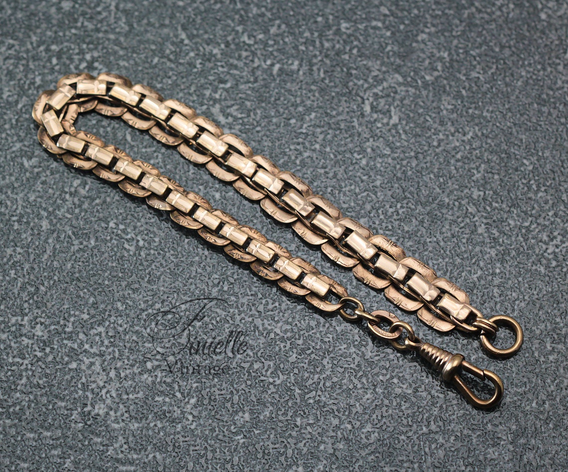 Antique Edwardian Era, German 1900-1910, Rolled Rose Gold Gentlemans Short Watch Albert Chain, Signed Kollmar & Jourdan, Ornate Links