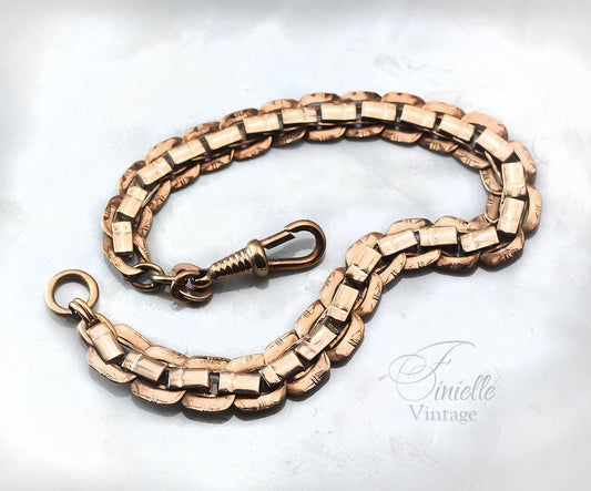 Antique Edwardian Era, German 1900-1910, Rolled Rose Gold Gentlemans Short Watch Albert Chain, Signed Kollmar & Jourdan, Ornate Links