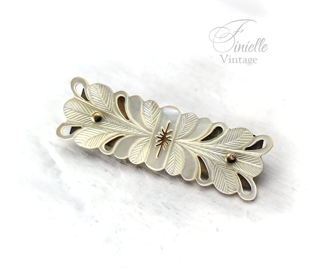 Antique Victorian Era 1880-1900 Hand Carved Mother of Pearl Shell Brooch Pin, Gold Filled Brass, Unique Gift Jewelry Jewellery