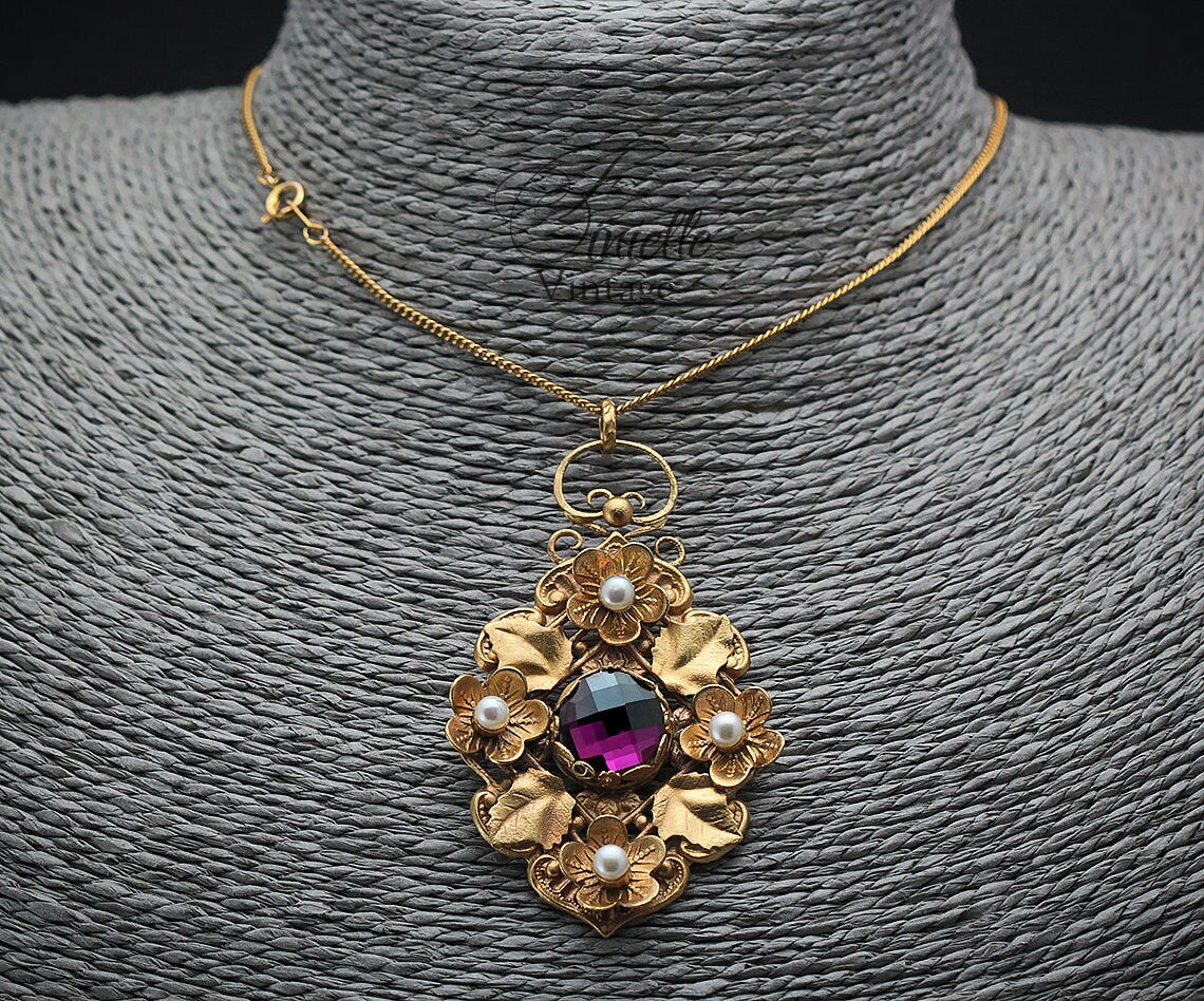 Vintage Antique Art Deco 1915-1930 Floral, Unique Ornate Necklace Pendant, Freshwater Pearls, Rhinestone, Repurposed One, 18Ct Gold Plated