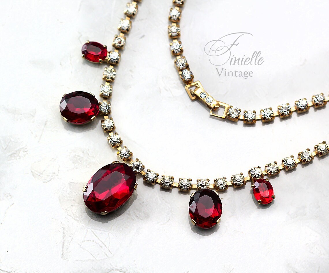 Vintage 1940-1950s Art Deco Czech Gold Plated Necklace, Garnet Red and Clear Glass Rhinestones, Unique Jewelry, Jewellery, Gift for Woman