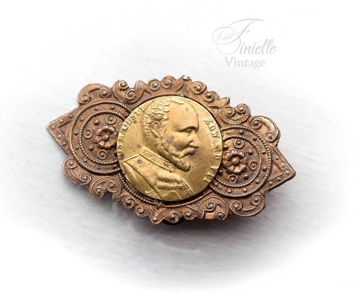 Antique Edwardian Commemorative Clasp Buckle c1910, "His Majesty Edward VII", Brass, Gold Tone, Antique Patina, Unique Gift