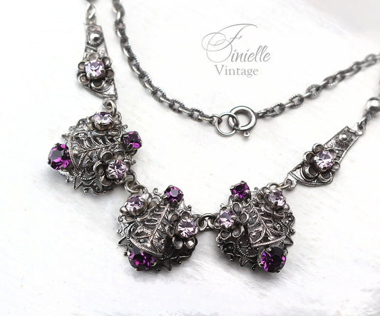 Vintage Art Deco 1920s-30s, Czech Craftsmanship Bohemian Filigree Necklace, Amethyst Crystal Rhinestones, Silver Plated, Unique Jewelry Gift