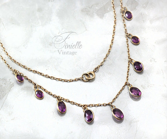 Antique Vintage c1920-30s Art Deco Gilded Necklace, Open Back Drop Purple Amethyst, Unique Jewelry Jewellery, Gift for Woman