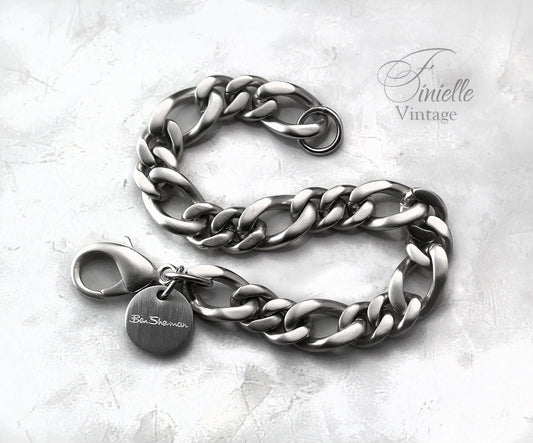 Vintage 1980s Original Ben Sherman Heavy Chunky Stainless Steel Chain Curb Men Bracelet, Silver Tone, Gift Jewelry Jewellery for Him
