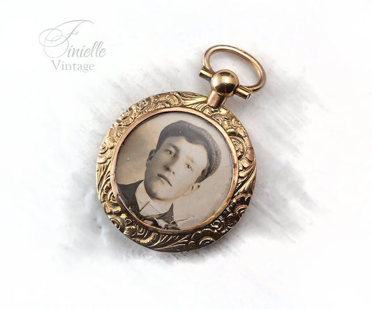 Antique Victorian c1890 Rolled Gold Ornate Locket Pendant, Boy In a Flat Cap, Victorian Era Sepia Photos, Unique Jewelry Jewellery