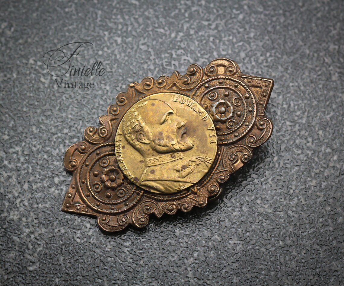 Antique Edwardian Commemorative Clasp Buckle c1910, "His Majesty Edward VII", Brass, Gold Tone, Antique Patina, Unique Gift