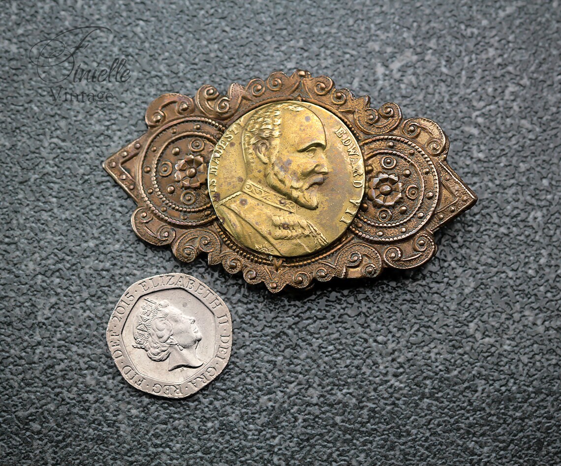 Antique Edwardian Commemorative Clasp Buckle c1910, "His Majesty Edward VII", Brass, Gold Tone, Antique Patina, Unique Gift