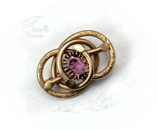 Antique Victorian c1900, 18Ct Gilded Eternal Love Celtic Style Love Knot Large Brooch, Purple Glass Faux Amethyst