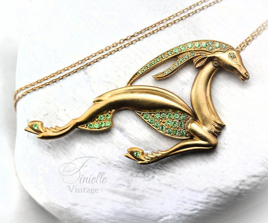 Vintage Antique Art Deco 1915-1930 Large Gazelle Necklace Pendant, Repurposed One, Green Rhinestones, 24K Gold Plated, Unique Gift Jewelry