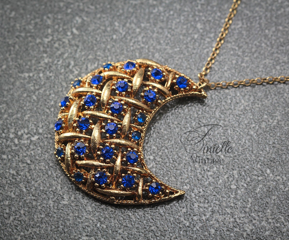 Vintage 1960s Art Deco style Crescent Moon Necklace Pendant, Repurposed One, Sapphire Rhinestones, 18Ct Gold Plated, Unique Gift