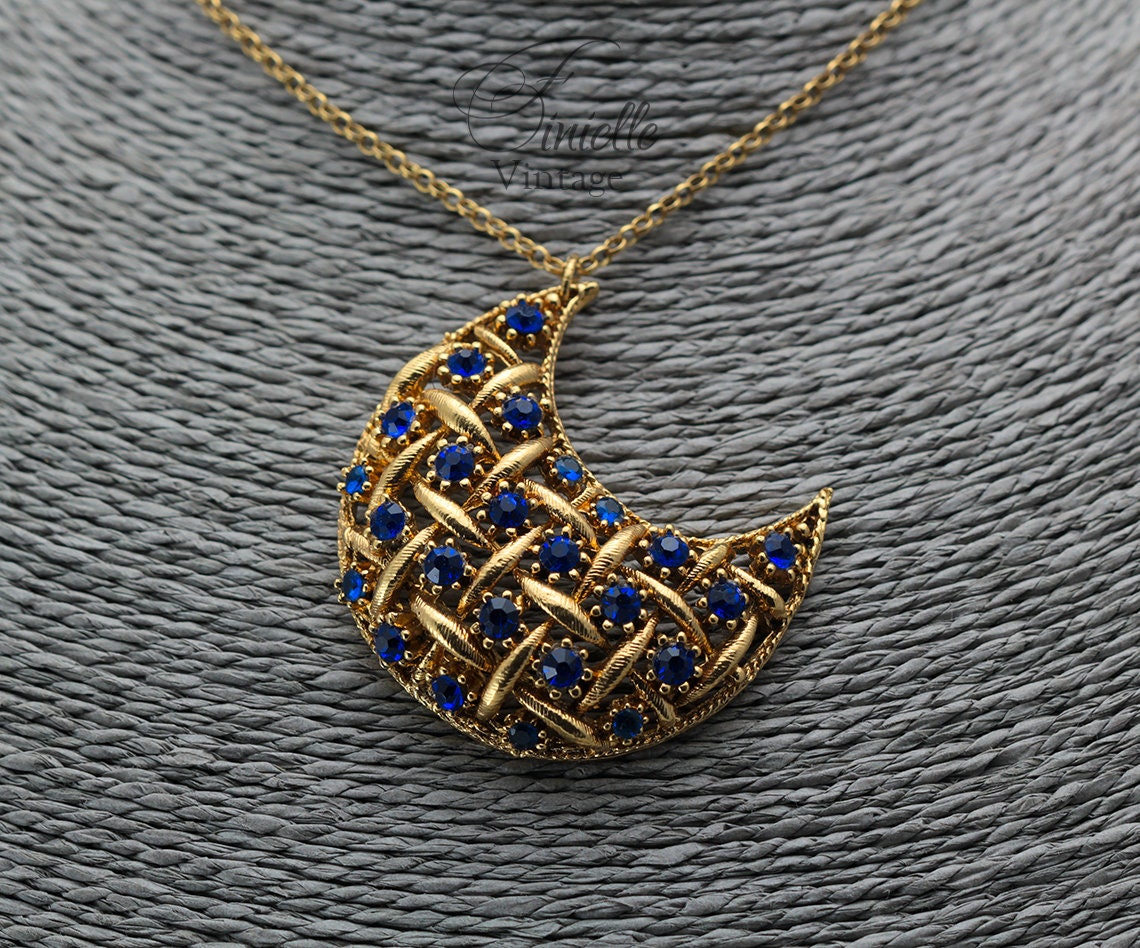 Vintage 1960s Art Deco style Crescent Moon Necklace Pendant, Repurposed One, Sapphire Rhinestones, 18Ct Gold Plated, Unique Gift