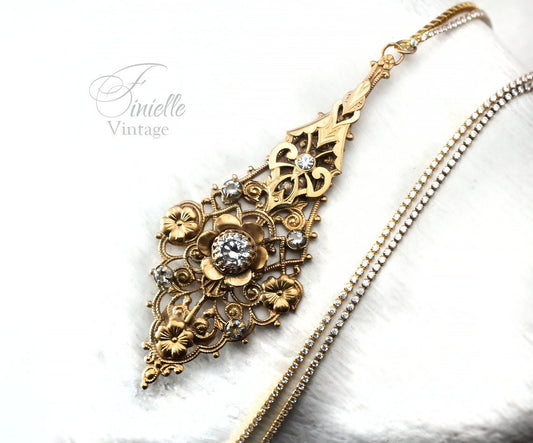 Vintage Antique Art Deco 1915-1930 Floral, Unique Ornate Necklace Pendant, Rhinestones and Cubic Zirconia, Repurposed One, 24K Gold Plated