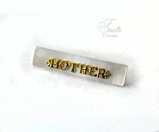 Vintage 1930s Mother of Pearl Shell Brooch Pin, Inscription 'Mother', High Carat Gold Filled Brass, Unique Gift Jewelry Jewellery