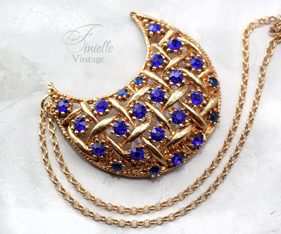 Vintage 1960s Art Deco style Crescent Moon Necklace Pendant, Repurposed One, Sapphire Rhinestones, 18Ct Gold Plated, Unique Gift