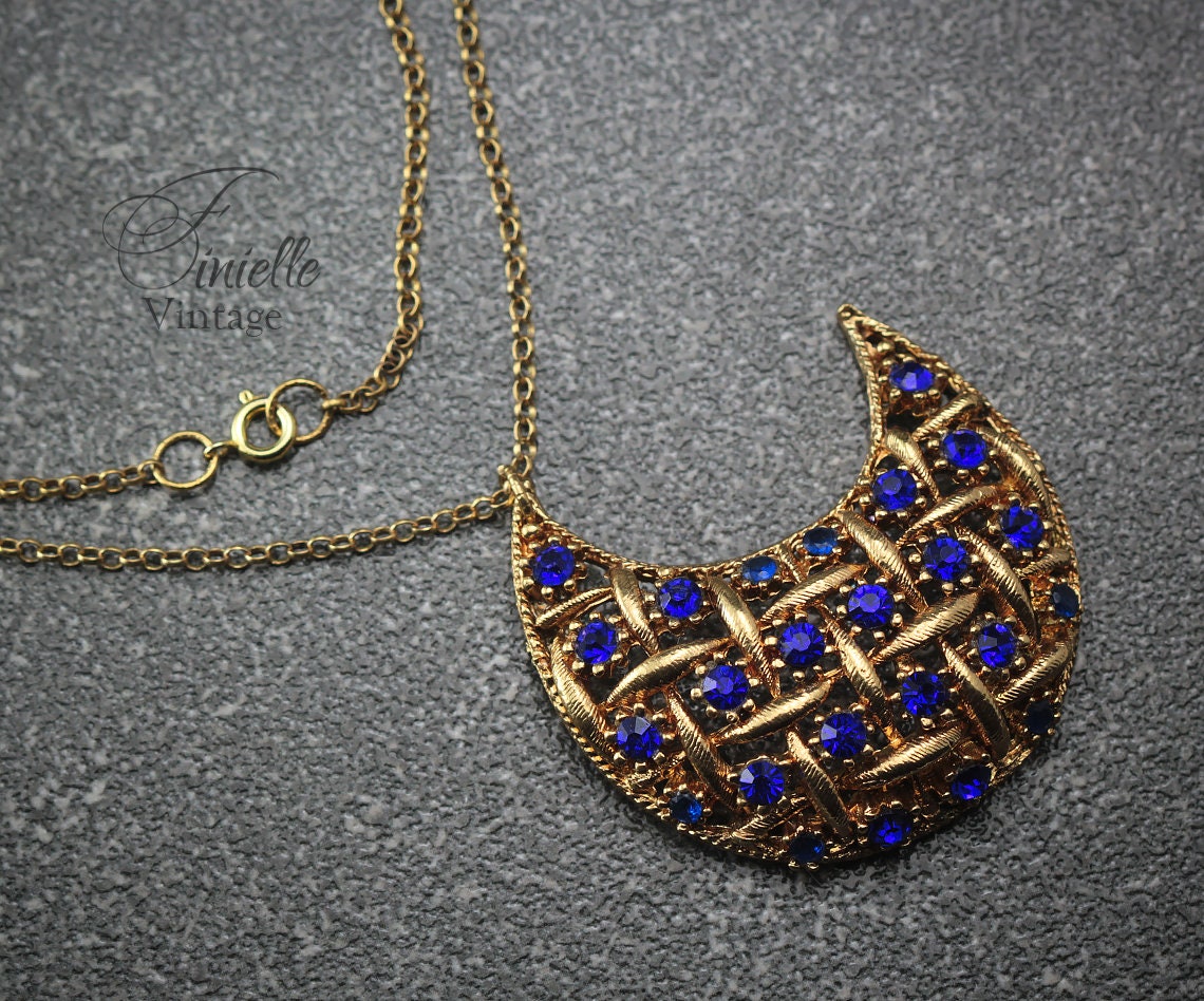 Vintage 1960s Art Deco style Crescent Moon Necklace Pendant, Repurposed One, Sapphire Rhinestones, 18Ct Gold Plated, Unique Gift