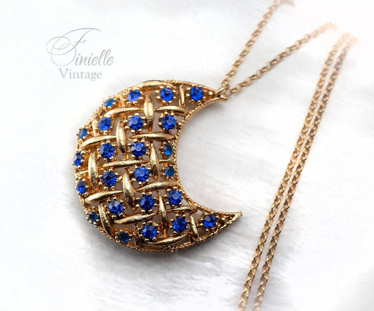 Vintage 1960s Art Deco style Crescent Moon Necklace Pendant, Repurposed One, Sapphire Rhinestones, 18Ct Gold Plated, Unique Gift