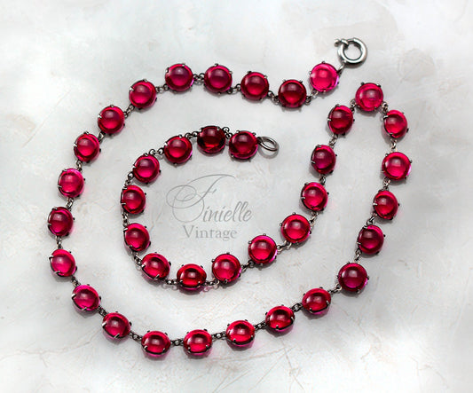 Antique Vintage Art Deco 1920s Ruby Red Glass Cased Paste Riviere Style Necklace, Silver Plated, Unique Gift Jewelry Jewellery