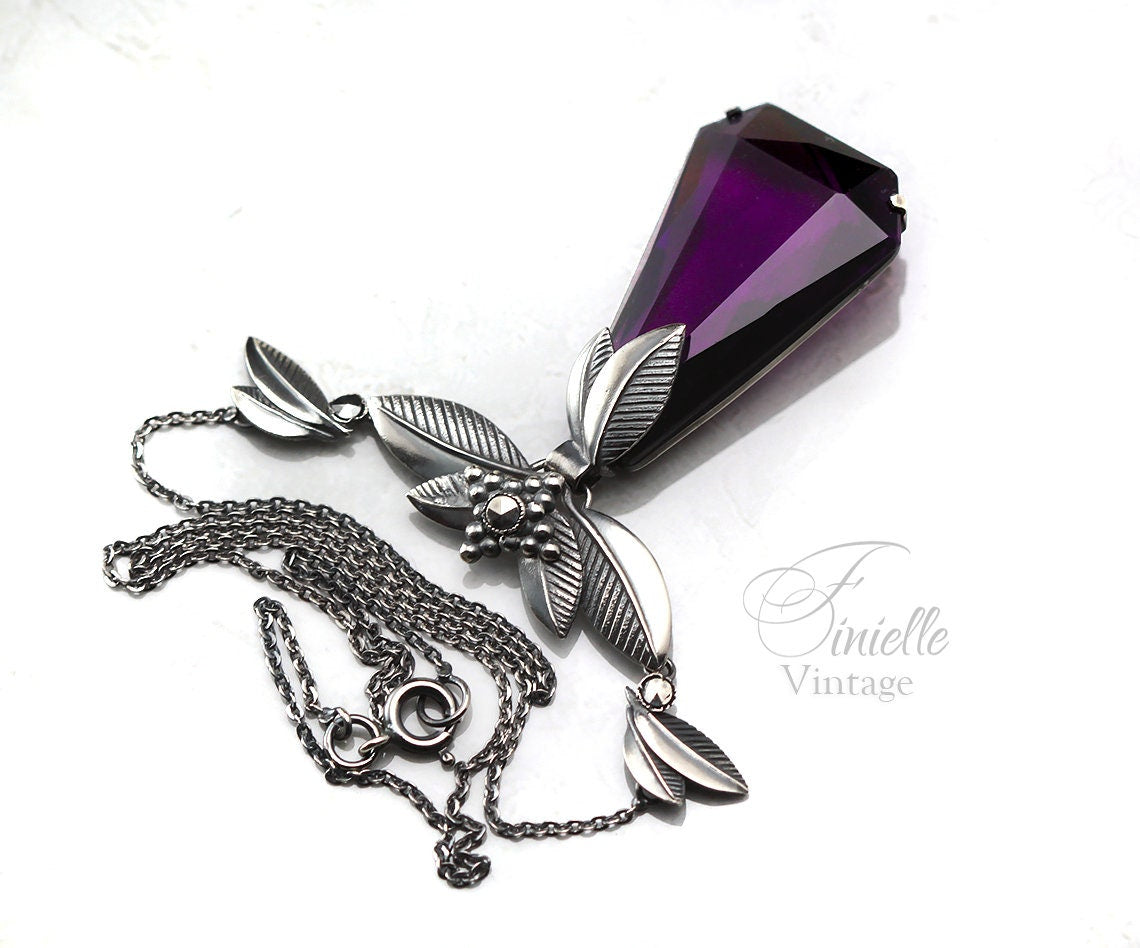 Vintage 1930s Art Deco Czech, Floral Necklace, Leafs, Purple Glass Amethyst, Marcasite, Silver Plated, Unique Gift Jewellery for Women